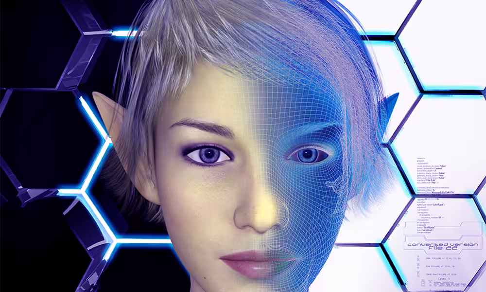 A 3D render of a female elf's face with half shown as the polygonal mesh of lines and vertices.