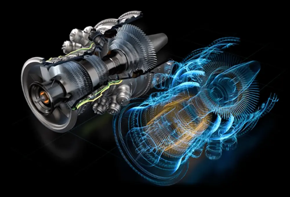 Two images of an engine, one a cut-away showing the internal gears and the other a translucent illustration showing its internals.