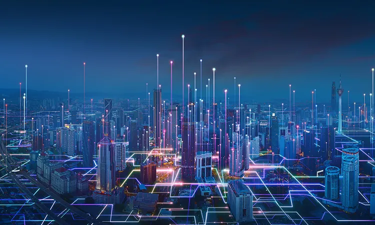 City view where streets are illuminated lines converging to points where the lines go into the air with a circular node at the end.
