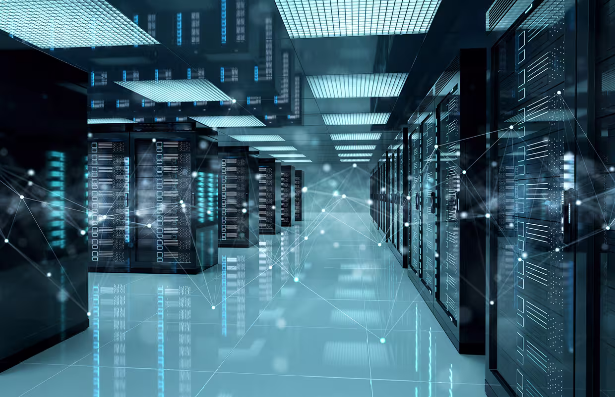 Server room with lines and nodes overlayed.